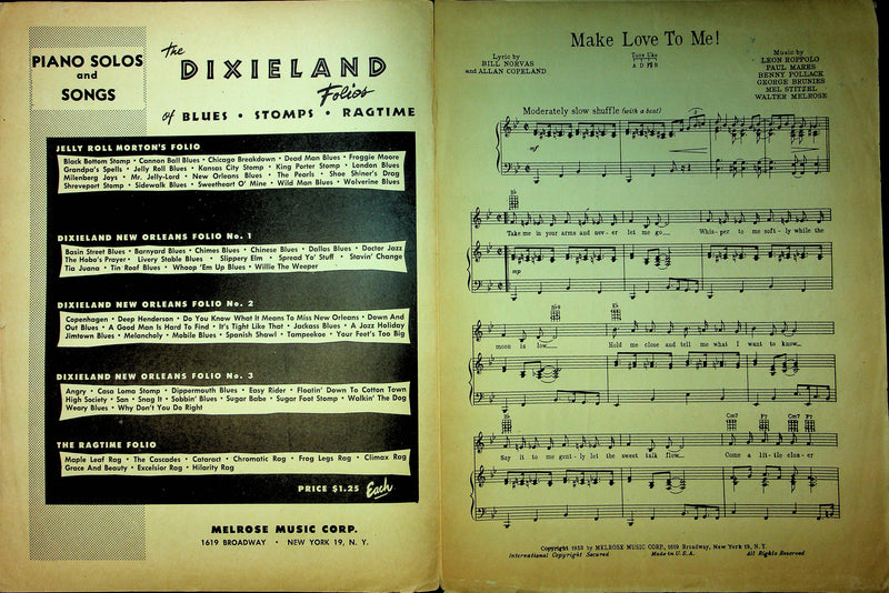 Vintage Sheet Music Make Love To Me Bill Norvas Leon Roppolo Paul Mares Melrose 2
