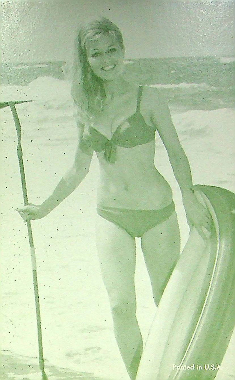 US 50s Pin Up Promo Photo Card Woman Bikini Swimsuit Paddle Board BW Green Tint