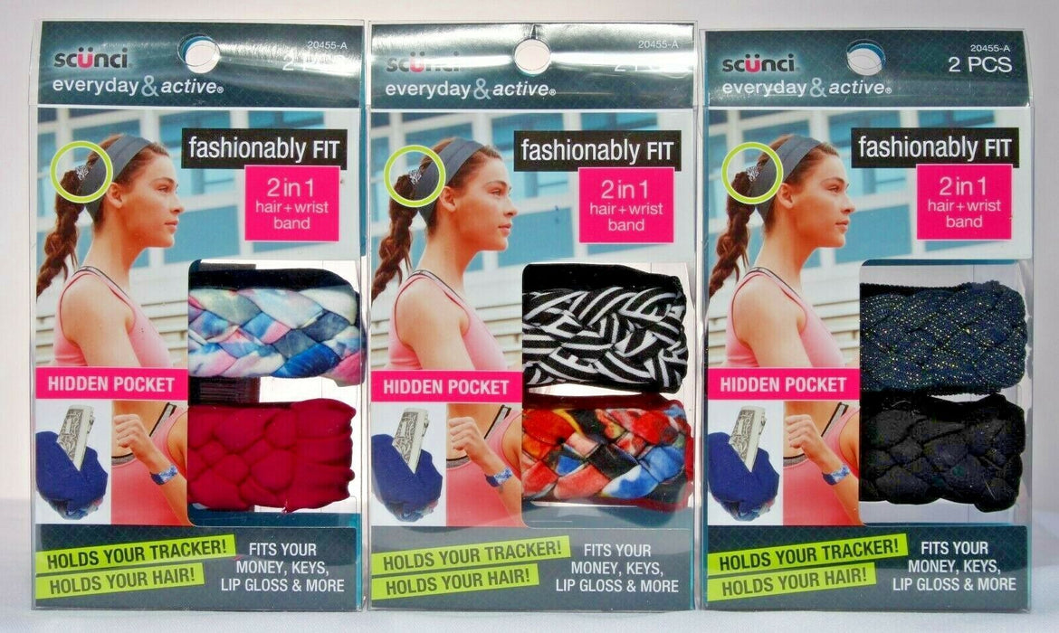 6-pcs Scunci Wrist Band Hair Tie Ponytailer Bracelet Hidden Key Pocket 20455-A