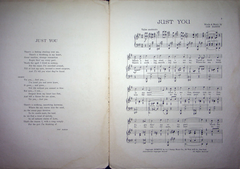 Sheet Music Just You Con Barth 1917 A J Stasny New York Piano Vocal Song 2