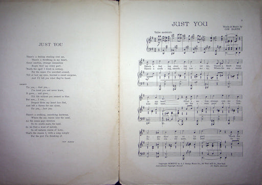 Sheet Music Just You Con Barth 1917 A J Stasny New York Piano Vocal Song 2