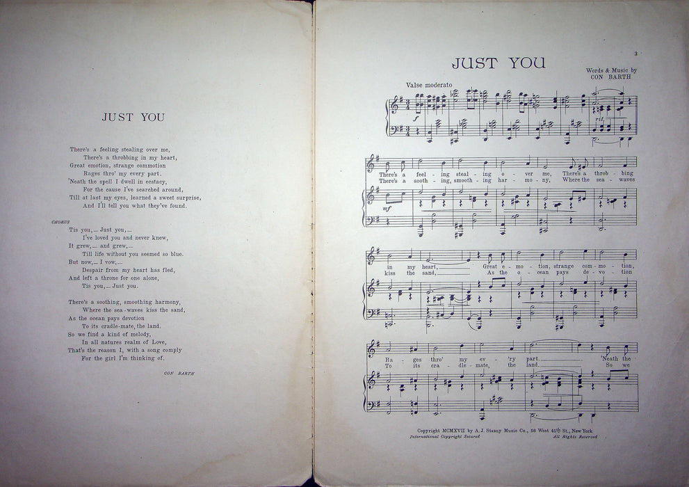 Sheet Music Just You Con Barth 1917 A J Stasny New York Piano Vocal Song 2