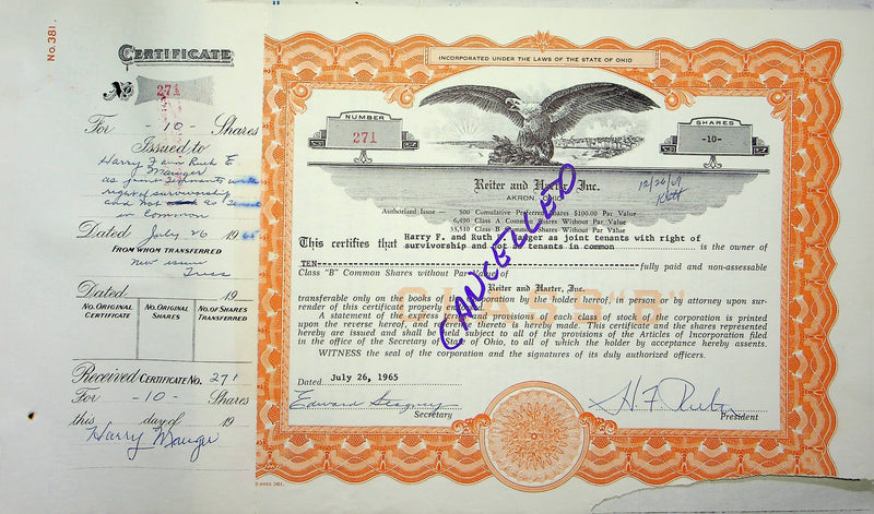 Reiter Dairy Company Stock Certificate Bond Scripophilly Akron Ohio 1965 No 271