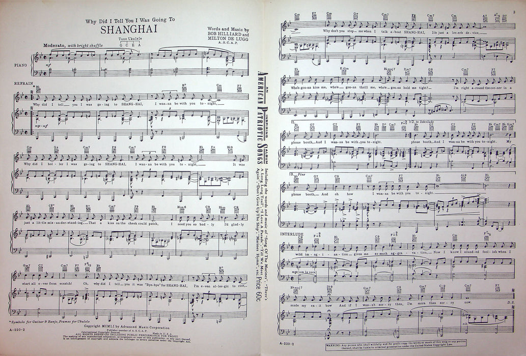 Sheet Music Shanghan Bob Hilliard Milton De Lugg 1951 China Vintage Piano Song 2