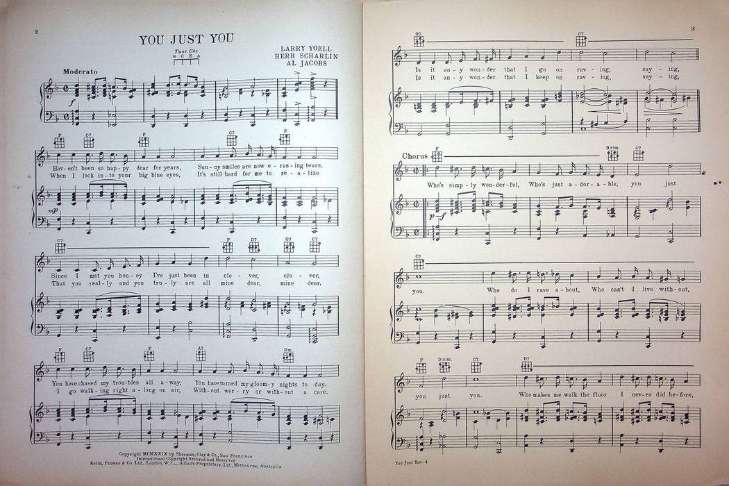 Sheet Music You Just You Larry Yoell Herb Scharlin Al Jacobs 1929 Love Song 2