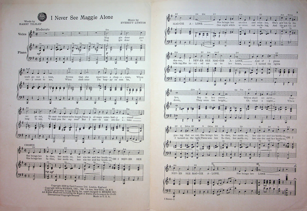 I Never See Maggie Alone Sheet Music Everett Lynton Harry Tilsey 1926 Piano Song 3