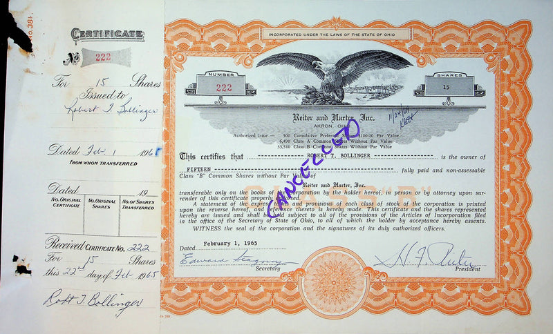 Reiter Dairy Company Stock Certificate Bond Scripophilly Akron Ohio 1965 No 222