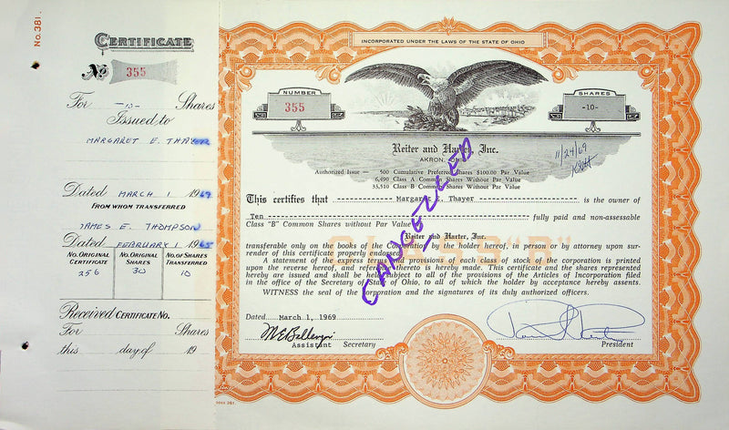 Reiter Dairy Company Stock Certificate Bond Scripophilly Akron Ohio 1969 No 355