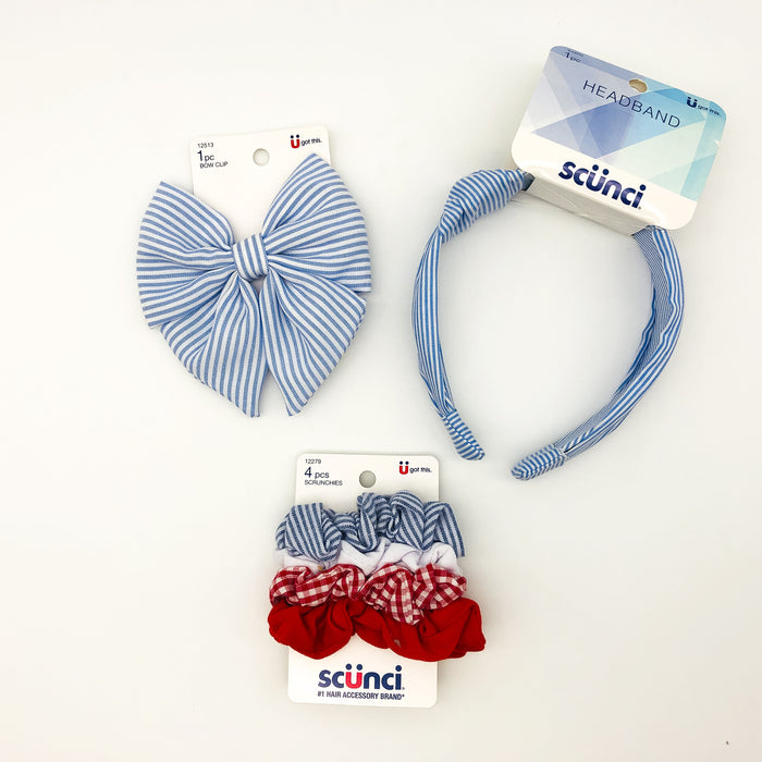 5-Piece Scunci Headband Scrunchies Bow Clip Lot Blue White Stripes Light Summer