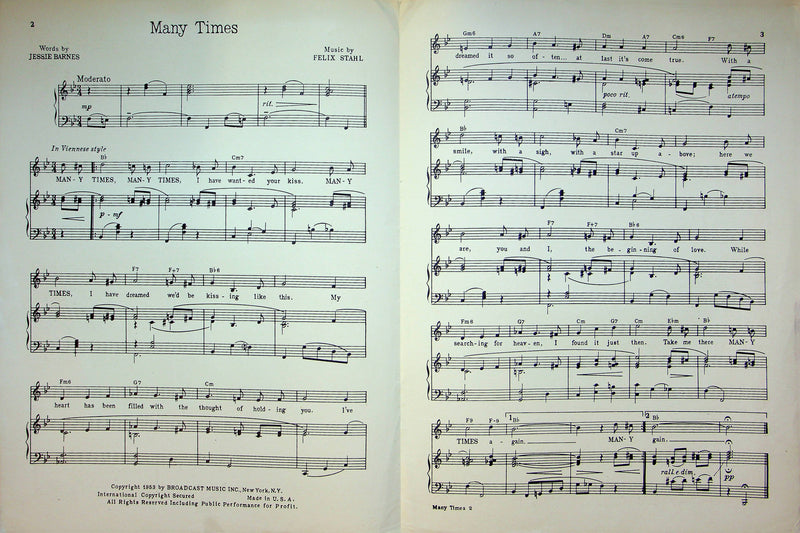 Many Times Sheet Music Felix Stahl Piano Vocal 1953 Percy Faith Orchestra 3