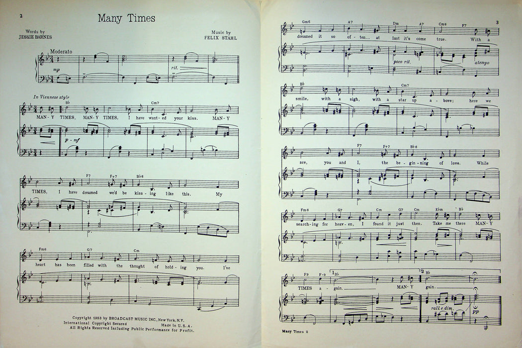 Many Times Sheet Music Felix Stahl Piano Vocal 1953 Percy Faith Orchestra 3