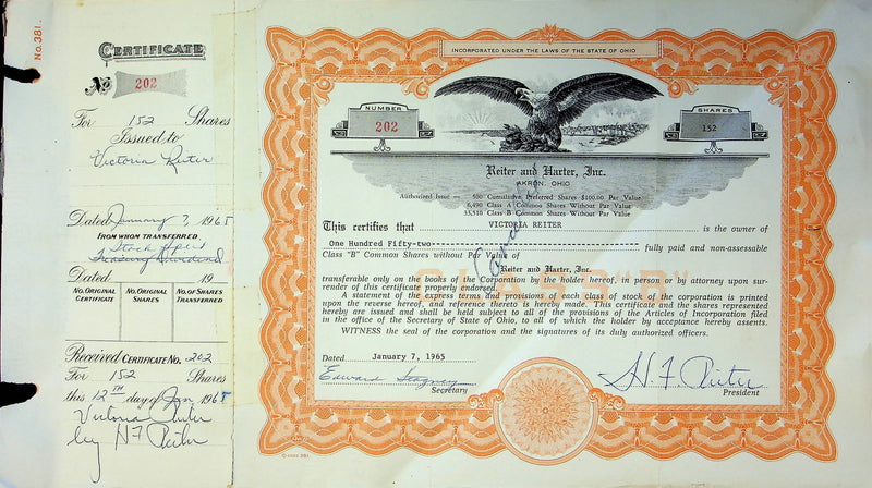 Reiter Dairy Company Stock Certificate Bond Scripophilly Akron Ohio 1965 No 202