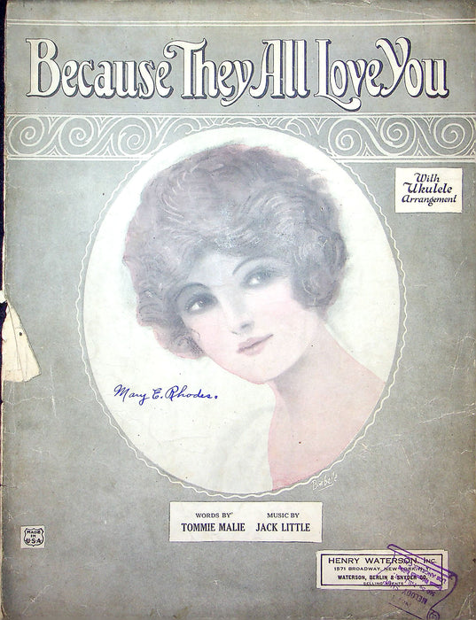 Sheet Music Because They All Love You Tommie Malie Jack Little 1924 Piano Song 1