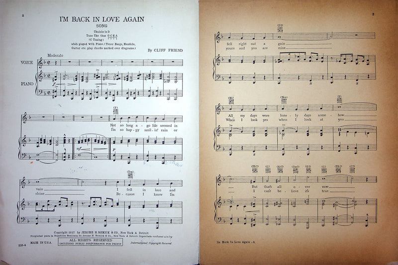 Sheet Music I'm Back In Love Again Gene Morgan Cliff Friend 1927 Romance Love 2