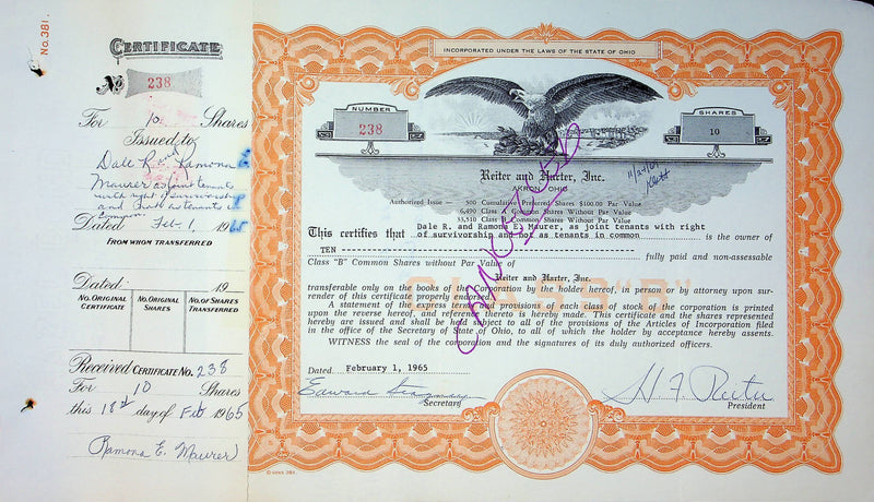 Reiter Dairy Company Stock Certificate Bond Scripophilly Akron Ohio 1965 No 238