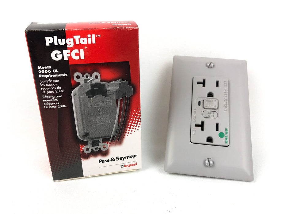 Plug Tail GFCI Receptacle 20 Amp Pass Seymour PT2095-HGGRY Thermoplastic Duplex 1