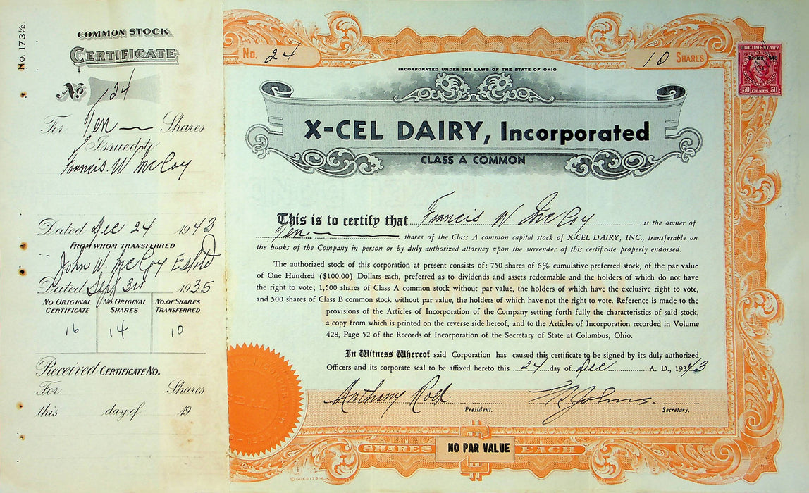 X-Cel Dairy Company Stock Certificate Bond Scripophilly Akron Ohio 1943 No 24