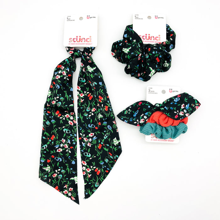 5-Piece Scunci Scrunchies Scarves Hair Ties Black Floral Flower Summer Wear