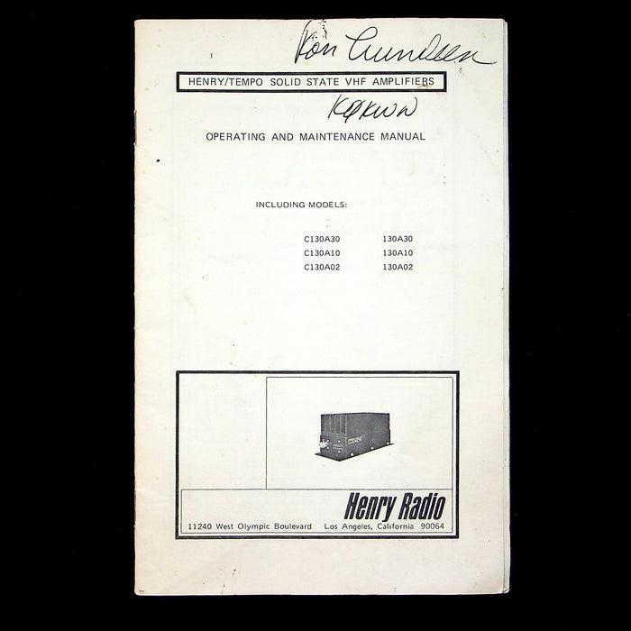 Henry Tempo Solid State VHF Amplifier Operating Manual for C130A & 130A Series