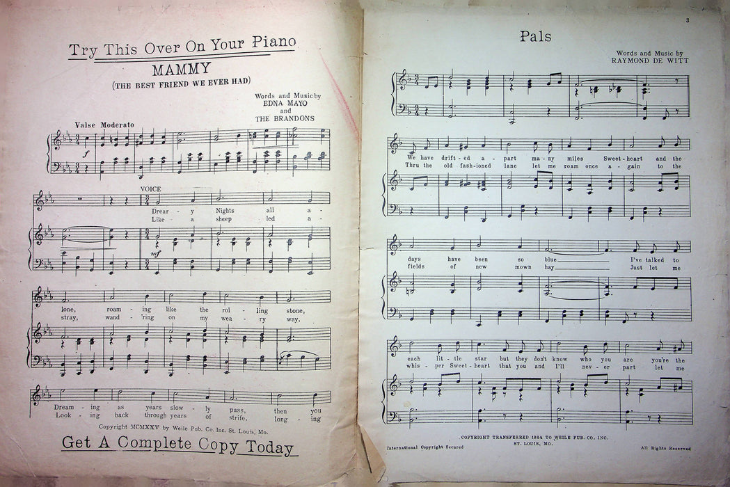 Pals Waltz Song Sheet Music Lyrics 1925 Raymond De Witt Florence Tate WM Lewis 2