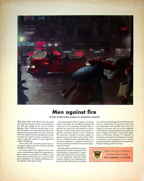 1940's Ethyl Gasoline Corporation Fire Engine Print Ad Men Against Fire