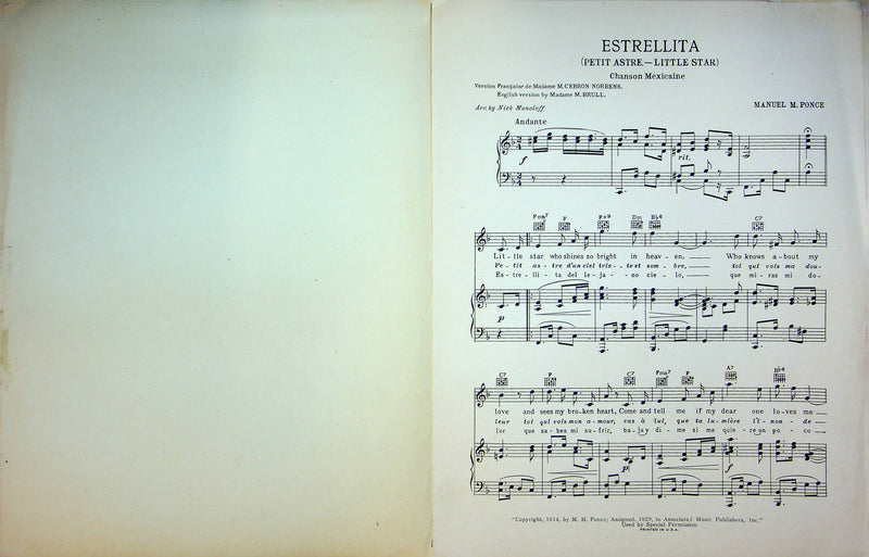 Estrellita Petit Astre Little Star Sheet Music Manuel M Ponce Piano Vocal 1920 3