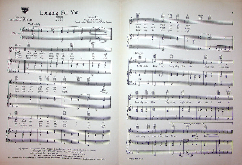 Sheet Music Longing For You Waltz Dream Sammy Kaye 1951 Bernard Jansen Piano 2