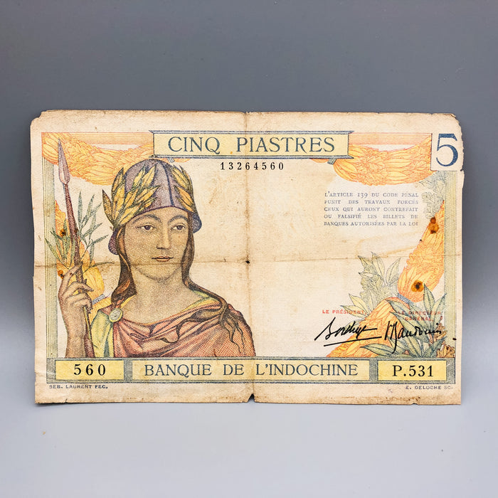 1932 French Indochina 5 Cinq Piastres Banknote Bodhisattva Avalokitesvara Money