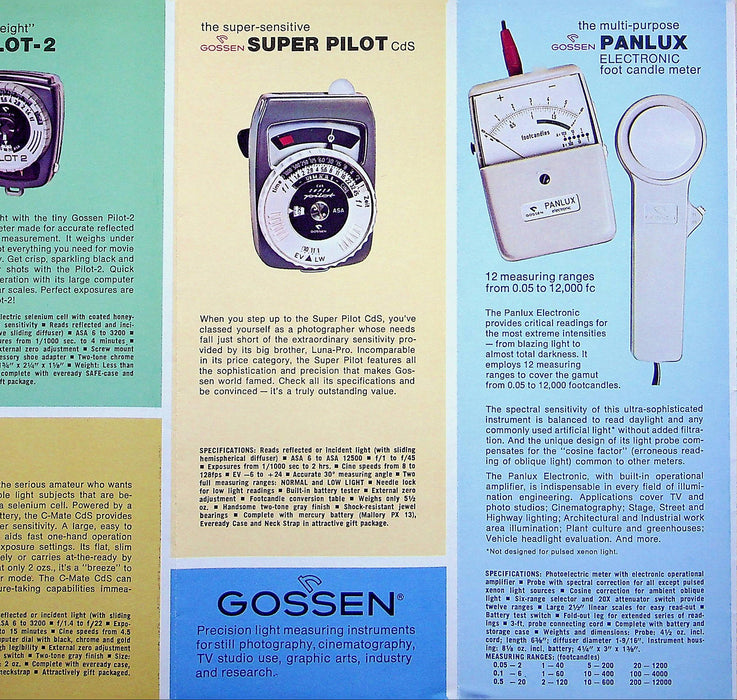 1975 Gossen Precision Exposure Meter Brochure Luma Pro, Panlux, Super Pilot