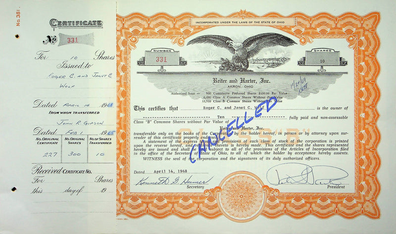Reiter Dairy Company Stock Certificate Bond Scripophilly Akron Ohio 1968 No 331