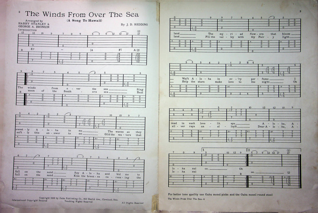 Oahu Serenaders Sheet Music A Song To Hawaii 1933 Winds From Over The Sea Guitar 2