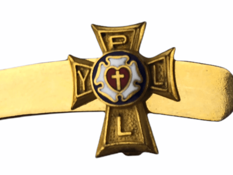 Vintage Holy Cross Filigree Lapel Pin Initials Y. P. L. L. Gold White Red 2