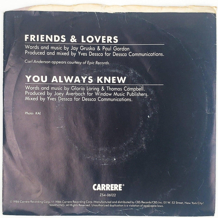 Gloria Loring & Carl Anderson Friends Lovers Record 45 RPM Single Picture Sleeve 2
