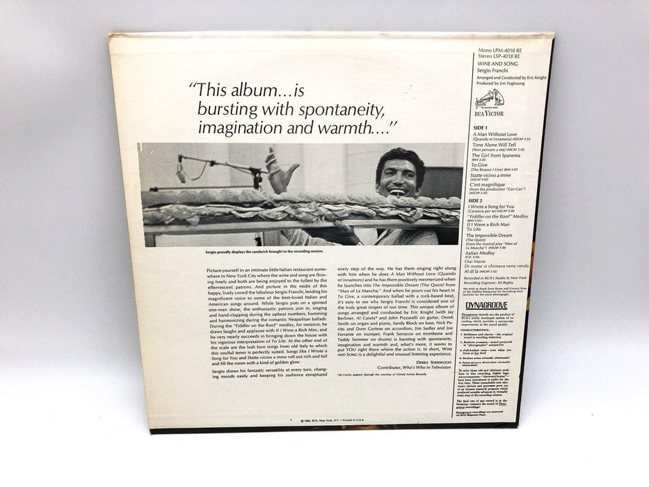 Sergio Franchi Wine & Song Record 33 RPM LP LSP-4018 RCA 1968 3