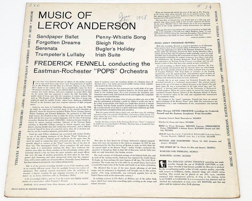 Frederick Fennell Music Of Leroy Anderson 33 RPM LP Record Mercury 1957 MG 50130 2