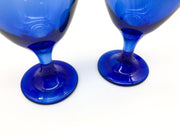 Pair of Vintage Blue Wine Glasses Crystal Teardrop Mediterranean Hand Blown 7" 4