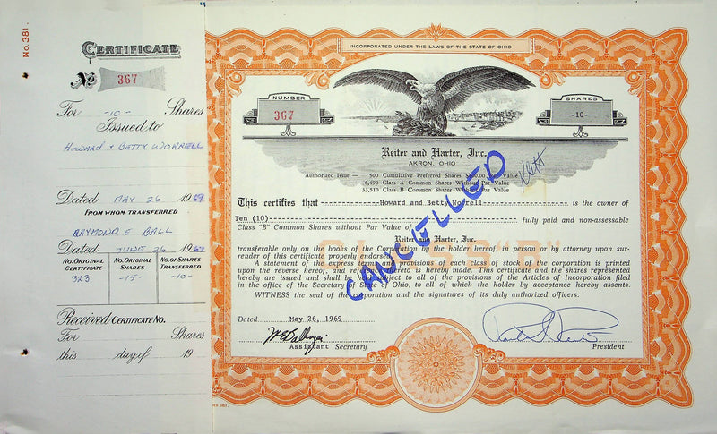 Reiter Dairy Company Stock Certificate Bond Scripophilly Akron Ohio 1969 No 367