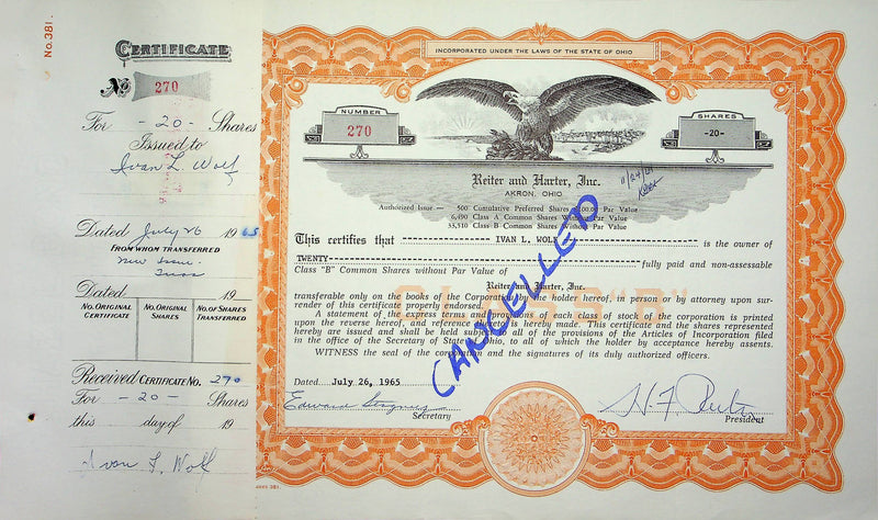 Reiter Dairy Company Stock Certificate Bond Scripophilly Akron Ohio 1965 No 270