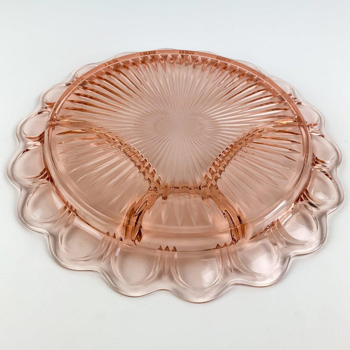 Pink Scallop Edge Pressed Glass Divided Serving Plate Tray Platter - 13" 7