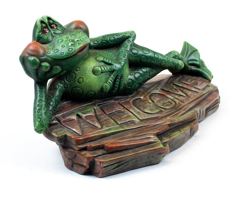 Vintage: Ceramic Bisque Frog Welcome Sign Flower Bed Figure - Signed Tom Amiot 3