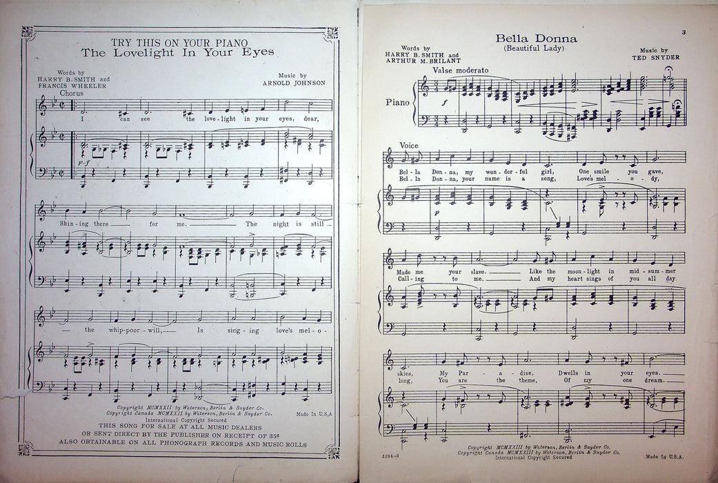 Sheet Music Bella Dona Beautiful Lady Pola Negri Harry Smith Arthur Brilant 1923 2