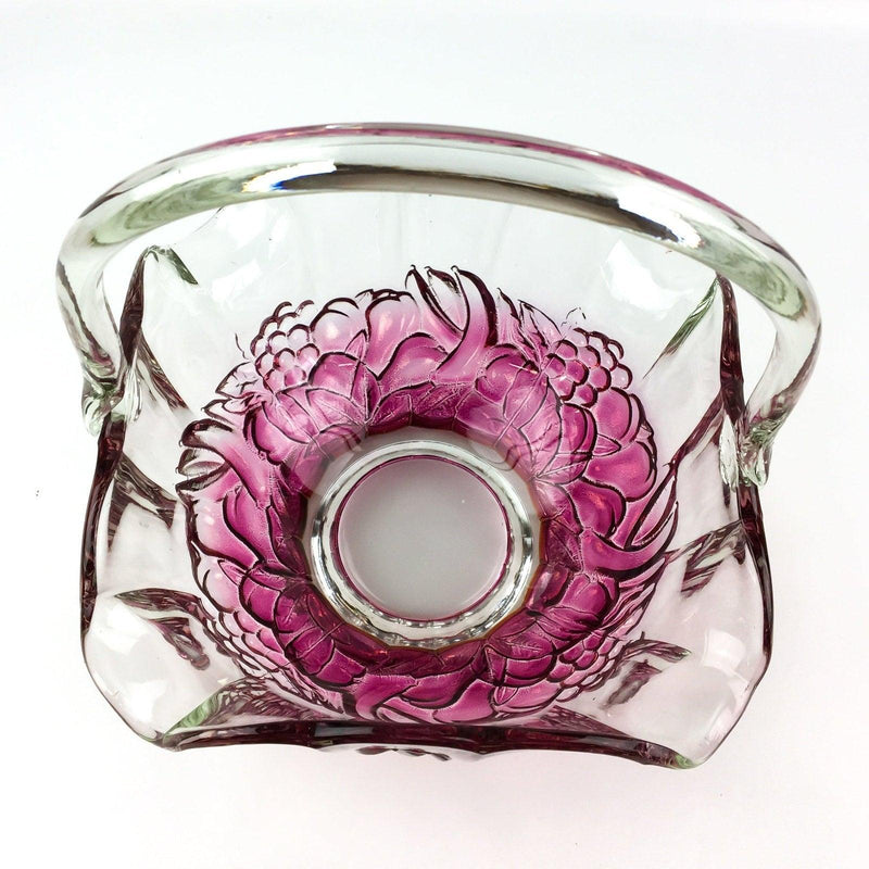 Vintage Glass Basket Clear Iridescent Cranberry Red Fruit Pattern Pressed 11" 7