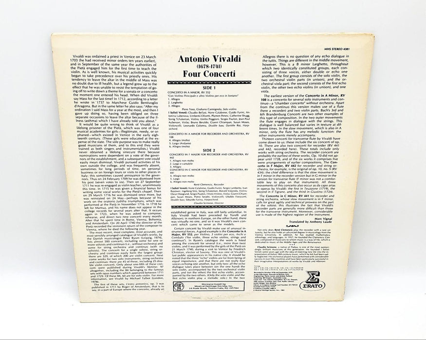 Antonio Vivaldi Four Concerti 33 RPM LP Record Musical Heritage Society 1981 2
