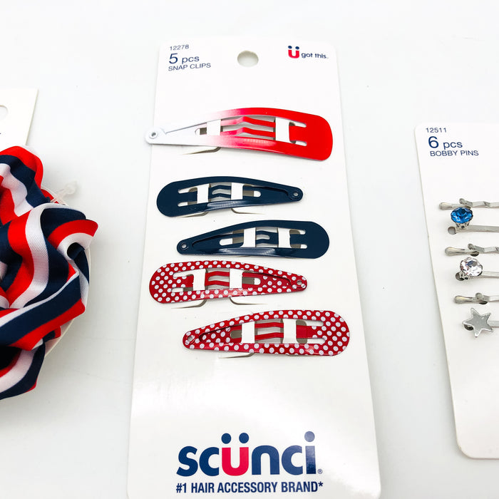 12-Piece Scunci Scrunchie Snap Clips Pins 4th of July Labor Day Summer Holiday