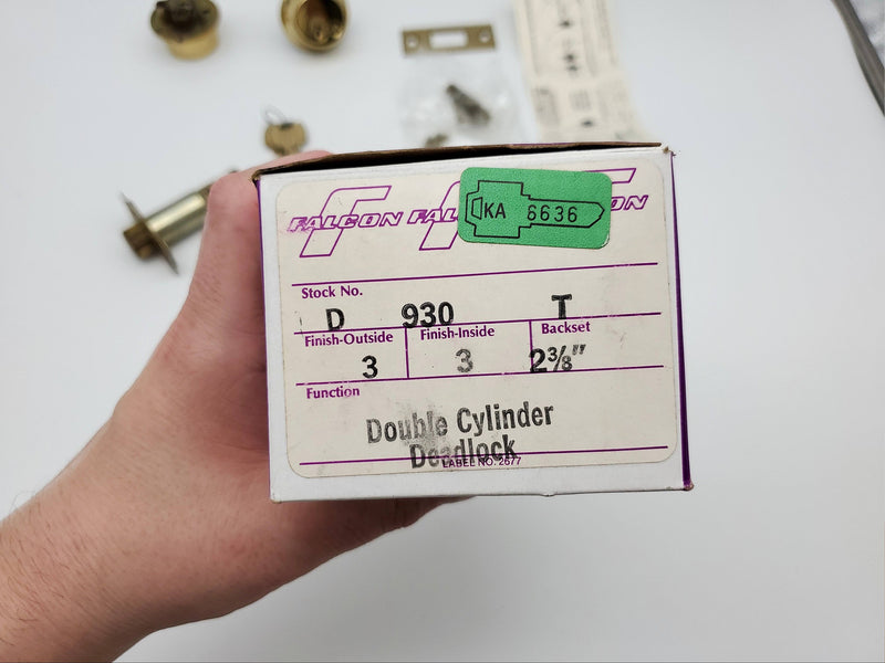 Falcon Deadbolt Double Cylinder 2-3/8" Backset Polished Brass D930T USA Made