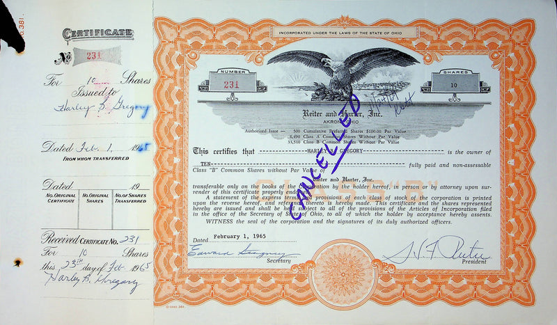 Reiter Dairy Company Stock Certificate Bond Scripophilly Akron Ohio 1965 No 231
