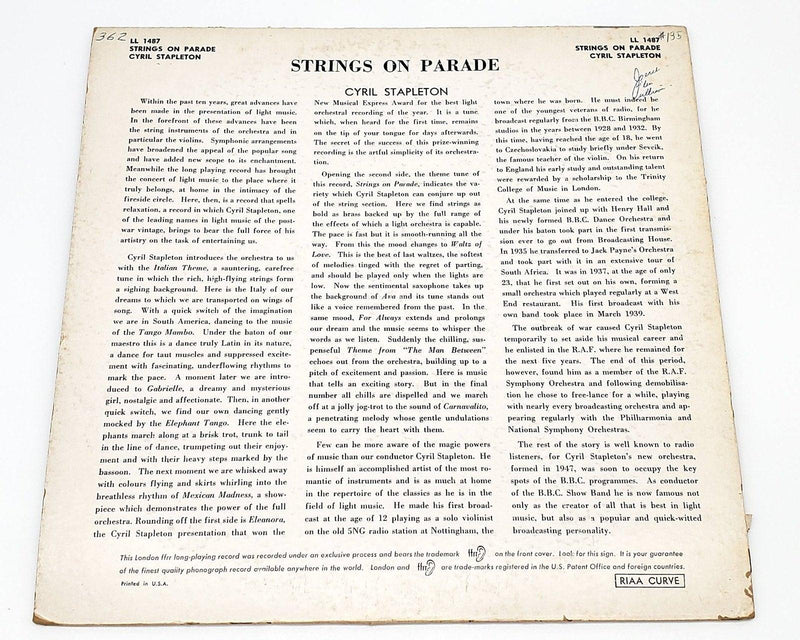 Cyril Stapleton Strings On Parade 33 RPM LP Record London Records 1956 LL 1487 2