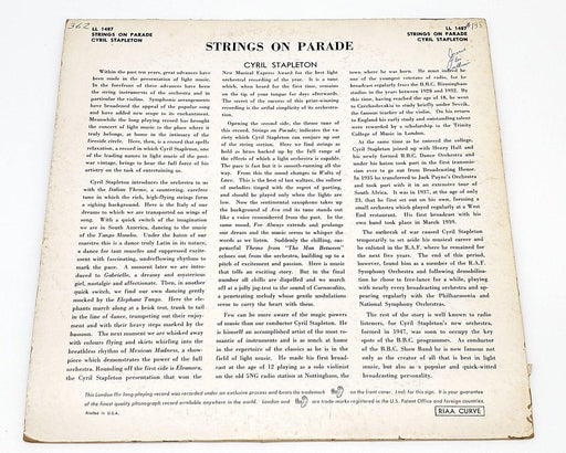 Cyril Stapleton Strings On Parade 33 RPM LP Record London Records 1956 LL 1487 2