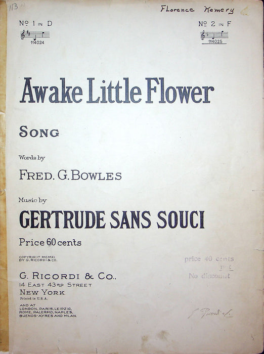 Sheet Music Awake Little Flower Fred Bowles Gertrude Sans Souci 1911 Ricordi 1