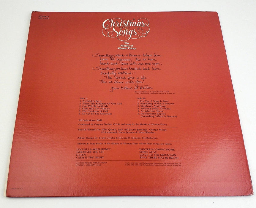 The Monks Of Weston Priory Christmas Songs 33 LP Record Benedictine Foundation 2